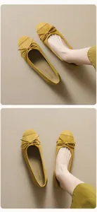 Close-up detail of yellow suede ballet flats featuring a soft bow and round toe design