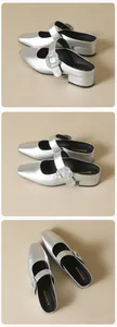 Detail of silver square-toe mules featuring sparkling rhinestone buckles in three angles