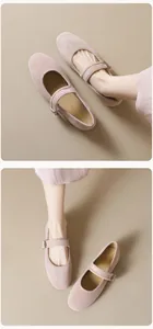 Détail de ballerines Mary Jane en daim rose avec bout rond et bride à boucle élégante