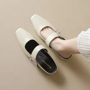Women's French Retro Square Toe Mules Rhinestone Buckle Block Heel Microfiber Leather Half Slippers Comfortable Summer Outdoor Slides
