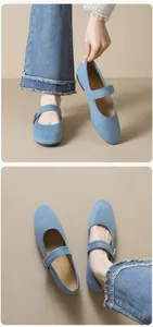 Détail des ballerines Mary Jane bleu ciel avec bout rond et bride à boucle ajustable