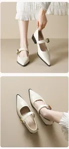 Close-up of beige pointed-toe Mary Jane shoes with black block heels and gold buckles