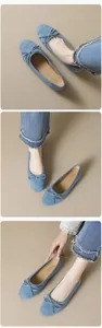 Vertical collage of denim blue ballet flats featuring bow details on rounded toes