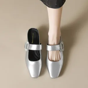 Silver square toe mule with rhinestone buckle and metallic finish for summer wear