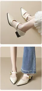 Detail of pointed-toe Mary Jane shoes with black block heels and gold buckle straps