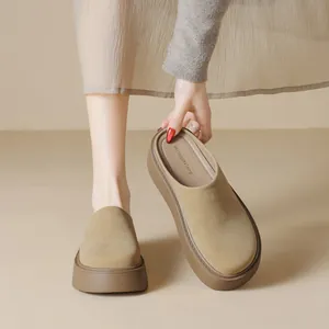Women's Retro Frosted Leather Mules Thick Sole Height Increasing Closed Toe Slip On Casual Platform Slippers Outdoor