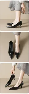 Detailed views of black pointed toe high heels with slender stiletto and smooth finish