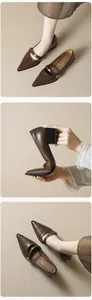 Detailansicht brauner spitzer Mary Jane Schuh mit goldener Rosenschnalle und Blockabsatz