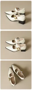Detail of French pointed toe Mary Jane shoe with gold buckle and black block heel