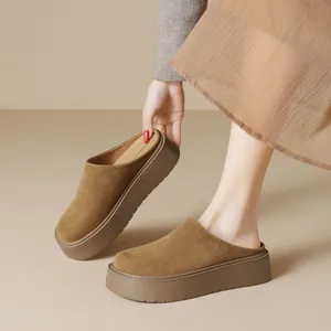 Women's thick-soled khaki suede mule clogs with platform step design for casual wear