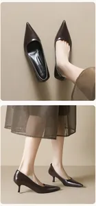 Macro detail of brown pointed-toe leather high heels featuring the cushioned inner sole