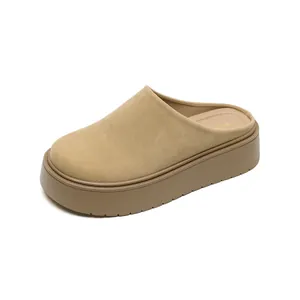 Minimalist camel suede platform mules with closed-toe design and thick elevated sole