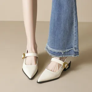 French style pointed toe Mary Jane pumps in off-white leather with a stable block heel