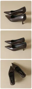Detailed views of brown pointed-toe pumps with kitten heels and glossy leather finish