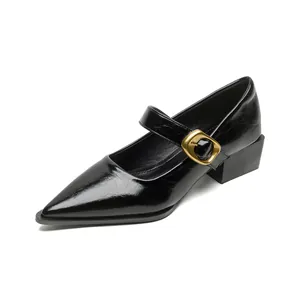 French style pointed toe black Mary Jane shoes with thick heels and gold buckle decoration