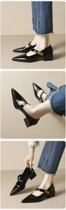 Three-way view of black pointed-toe Mary Jane shoes with gold buckle and block heels