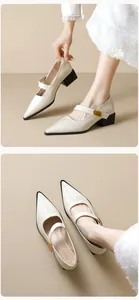 Detail of cream pointed-toe Mary Jane shoe with gold buckle and black chunky heel