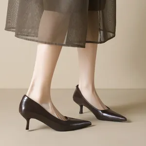 Elegant dark brown pointed toe stiletto pumps in premium leather finish for women