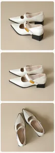 Detail of cream pointed-toe Mary Jane shoe with gold fashion buckle and block heel