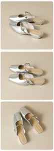 Macro detail of silver metallic square-toe mules with gold studs and low heel