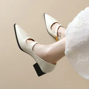 Elegant pointed-toe Mary Jane pumps with black block heels and cream leather finish