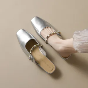 Women Rivet Square Toe Mules Microfiber Leather Flat Low Heel Half Slippers Comfortable Slip On Casual Shoes For Daily Office