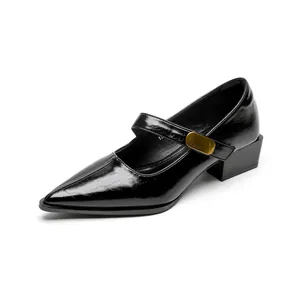 Elegant black pointed-toe Mary Jane shoes with chunky heels and gold buckle detail