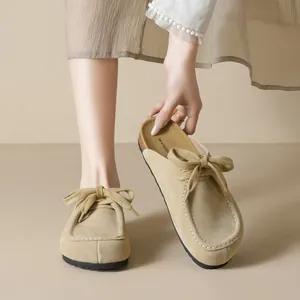 Damen Retro Spaltleder Mules Lässig Runde Zehe Kork Zwischensohle Slip On Schleife Clogs Bequeme Hausschuhe Schuhe