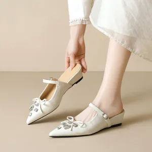 Spitze Zehen Mary Jane Muller Schuhe Damen Schleife Strass Niedriger Keilabsatz Mikrofaser Leder Slipper Französisch Stil