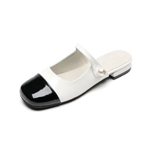 Classic black and white patent leather mules with pearl strap for women casual wear