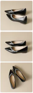 Detail von schwarzen spitzen flachen Schuhen mit glitzerndem silbernem Strassbesatz