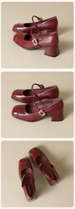 Detail of burgundy patent leather Mary Janes with square toe and gold buckle strap