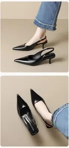Detail of elegant black pointed-toe slingback kitten heels with glossy finish
