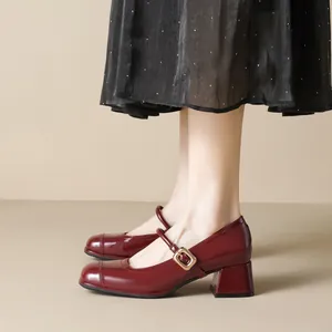 French style wine red square toe Mary Jane pumps with block heels and gold buckle