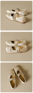 Detail view of champagne satin ballet flats with bow and double metal buckle straps