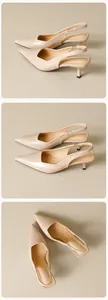 Three-way view of nude pointed-toe kitten heels with glossy finish and slingback detail