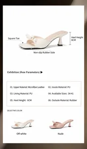 Detalle del elegante lazo y el diseño de punta cuadrada en las sandalias de tacón