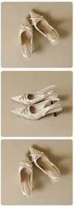 Detail of cream pointed toe slingback heels with elegant satin ribbon bow decoration