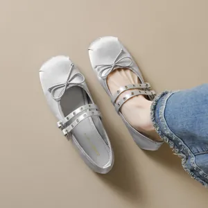 Women's Satin Mary Jane Ballet Flats Square Toe Double Strap Bow Soft Sole Silver Champagne Fashion Daily Shoes