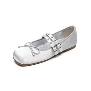 Silver satin Mary Jane ballet flats with square toe, bow detail and double straps