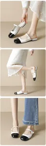 Detail of French style Mary Jane mules with contrast cap toe and pearl accent