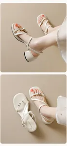 Detail of cream chunky heel sandals with crisscross straps and metal buckle accents