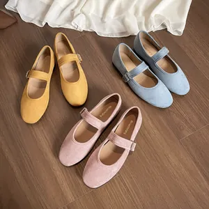 Ballerines Mary Jane Vintage Français pour Femmes Daim Bout Rond Semelle Souple Avec Bride à Boucle Chaussures Décontractées Quotidiennes