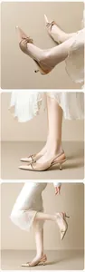 Dettaglio di décolleté slingback beige a punta con fiocco raffinato e tacco a rocchetto