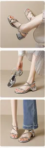 Detailed views of silver multi-strap block heel sandals with metallic buckle and glossy finish