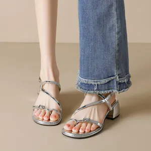 Silver metallic strappy sandals with toe ring and low block heel for women