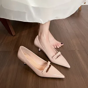 Escarpins Élégants Français Petits Talons Bout Pointu Cuir Verni Nœud Ajouré Chaussures Basses Pour Femmes Travail Quotidien