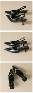 Macro detail of black pointed toe slingback heels with rhinestone embellishments