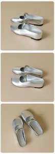 Macro views of silver metallic round-toe mule shoes with strap detail and cushioned insoles