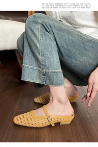 Close-up of yellow woven mules with Mary Jane buckle and hollow knit texture